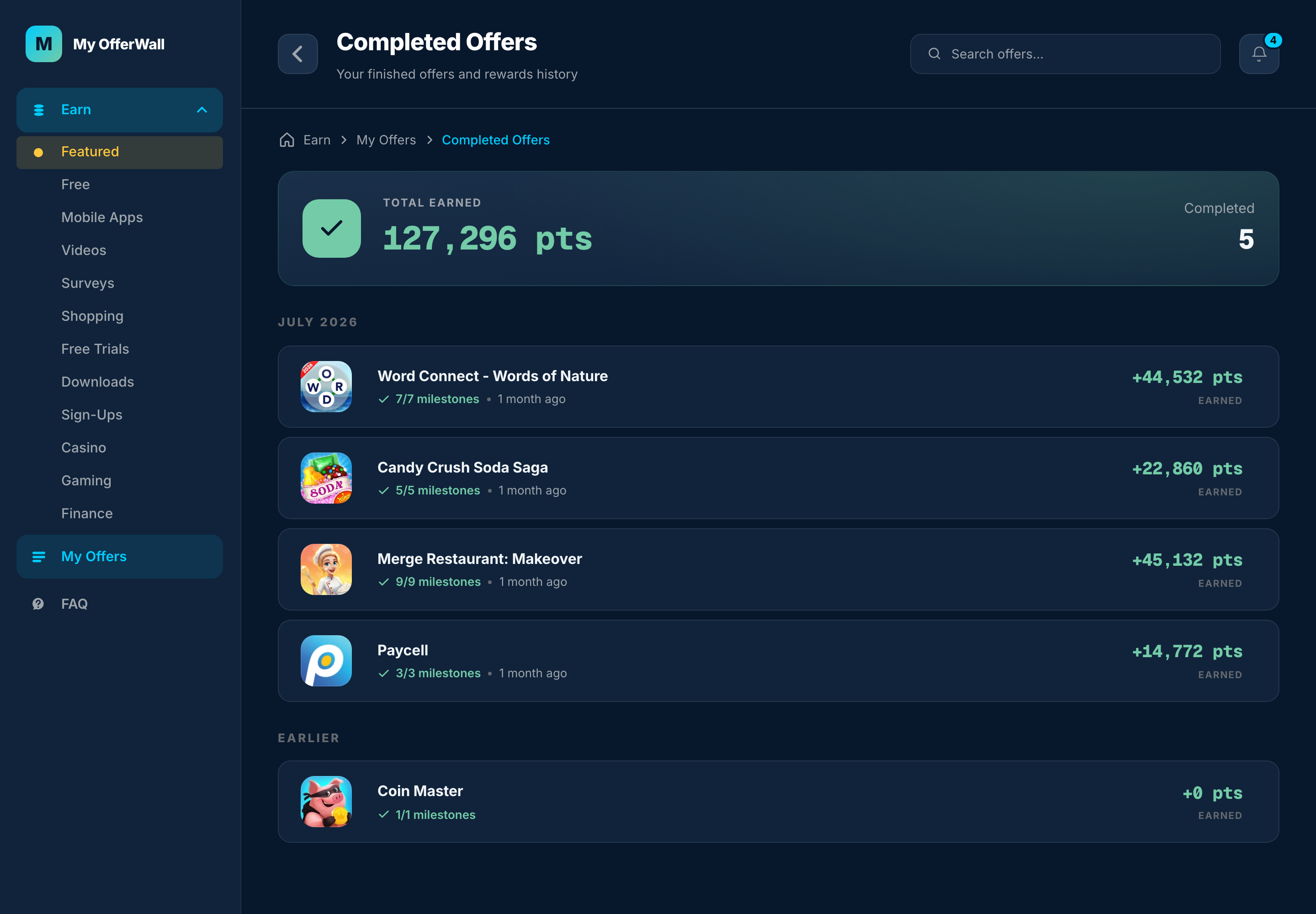 Completed offers history grouped by month — desktop
