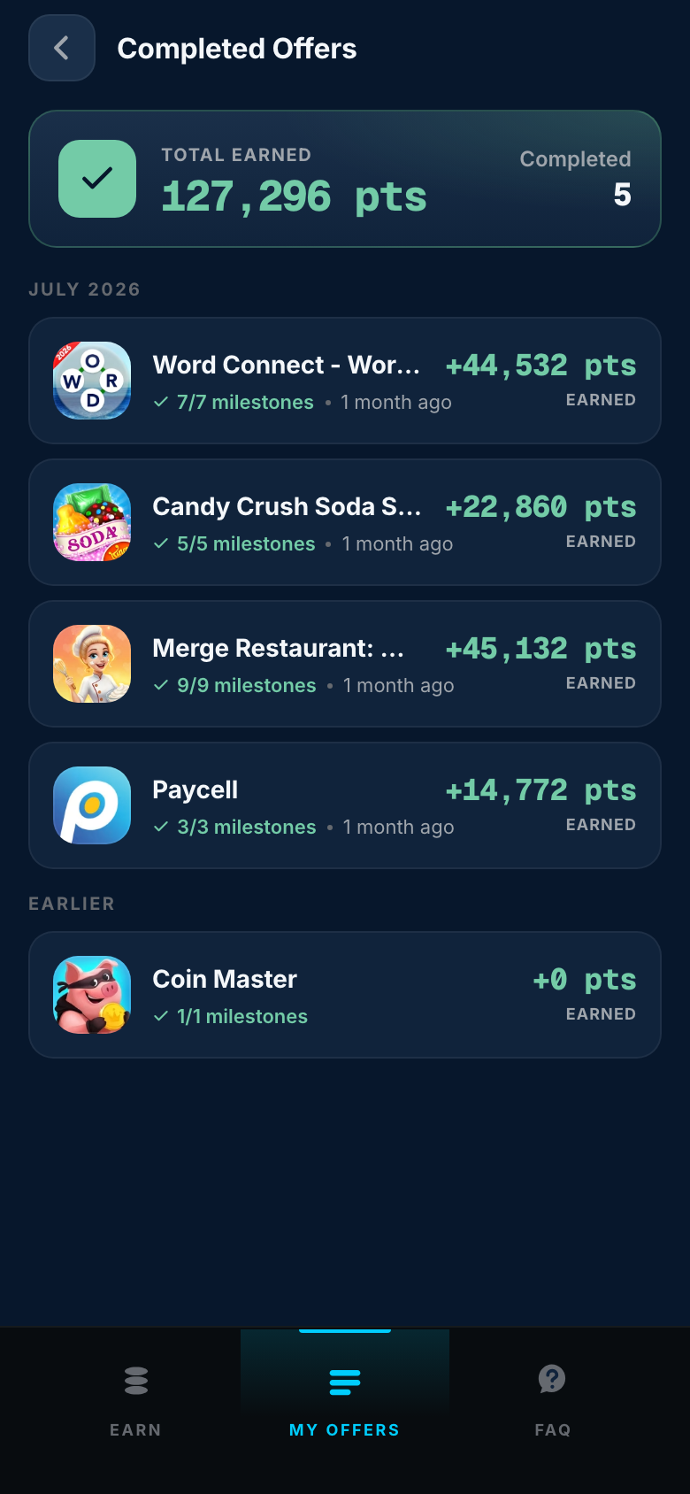 Completed offers history grouped by month — mobile