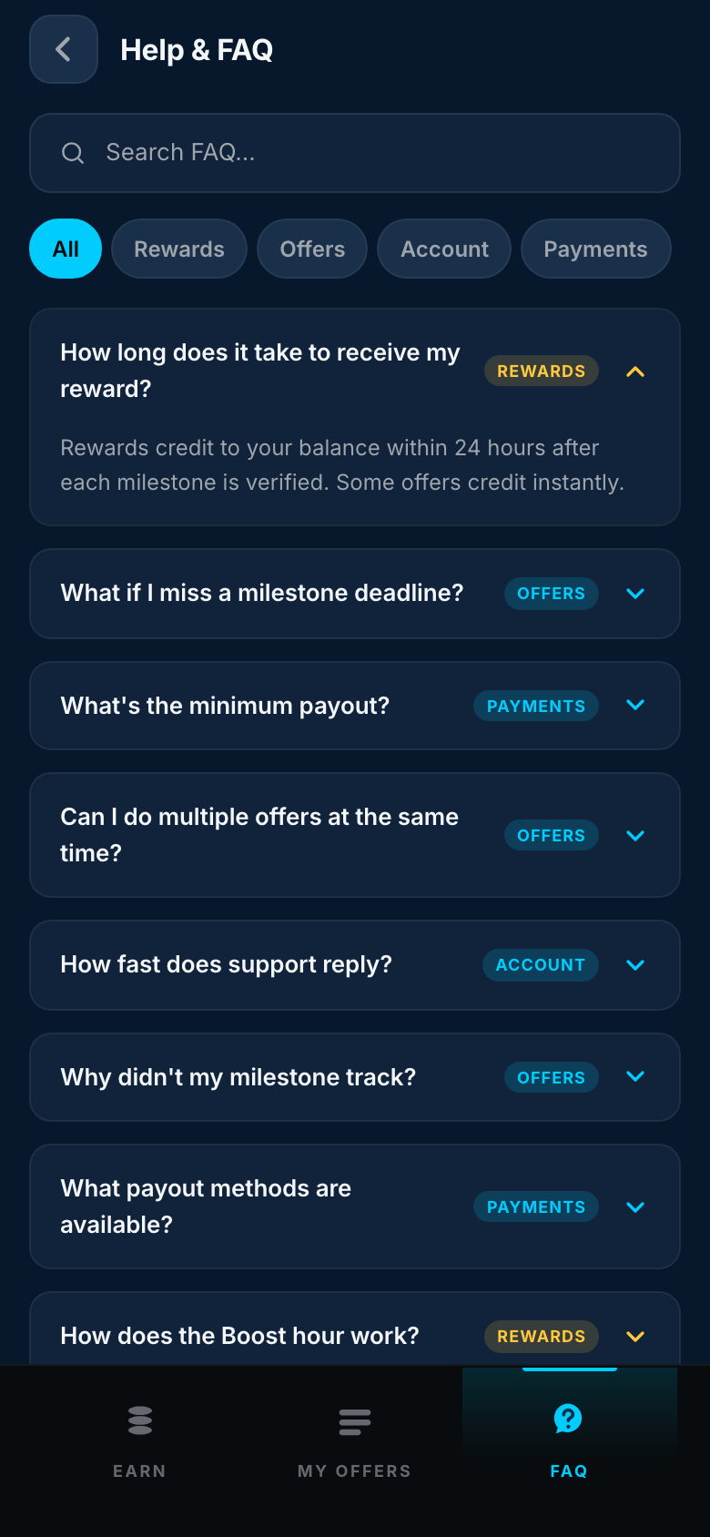 Offer Wall help and FAQ page — mobile