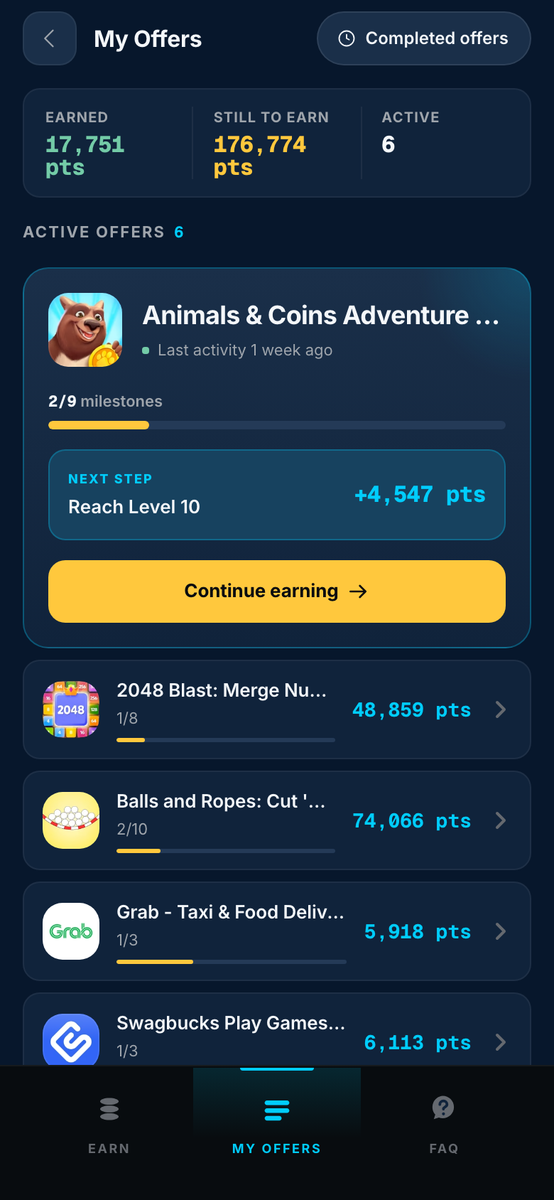 My Offers page with active offers and progress — mobile