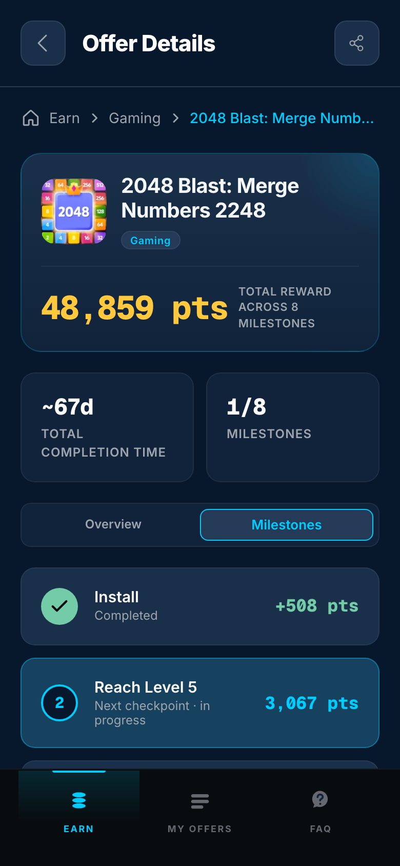 Offer detail page with milestone list and rewards — mobile