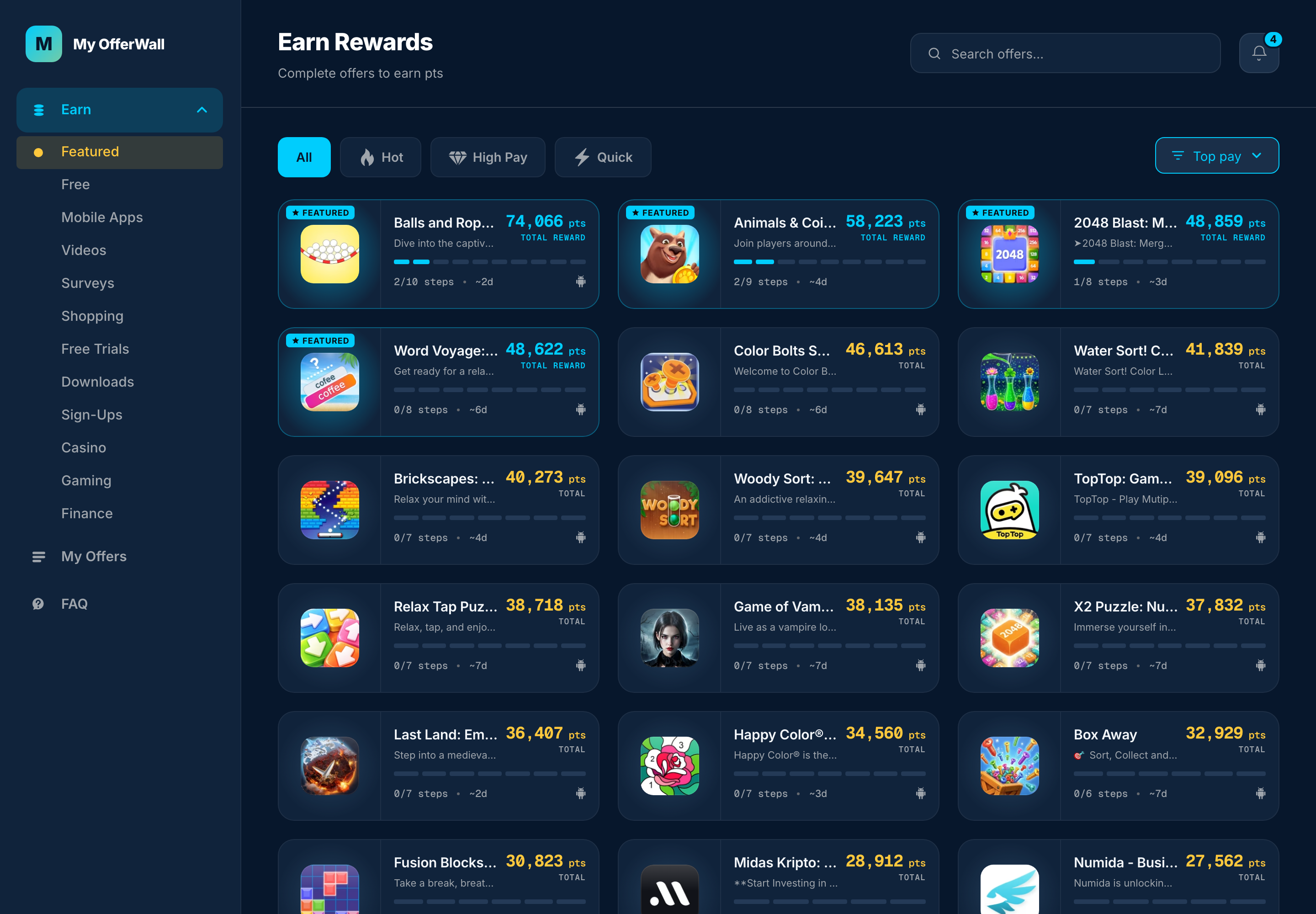 EdgeCash Offer Wall — offer list with categories, search and progress — desktop