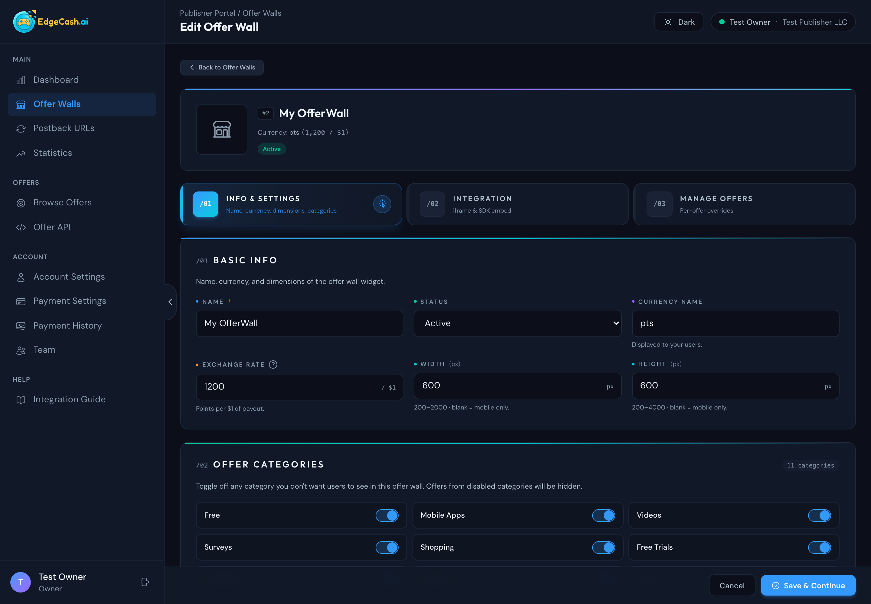 Publisher portal — offer wall placement settings