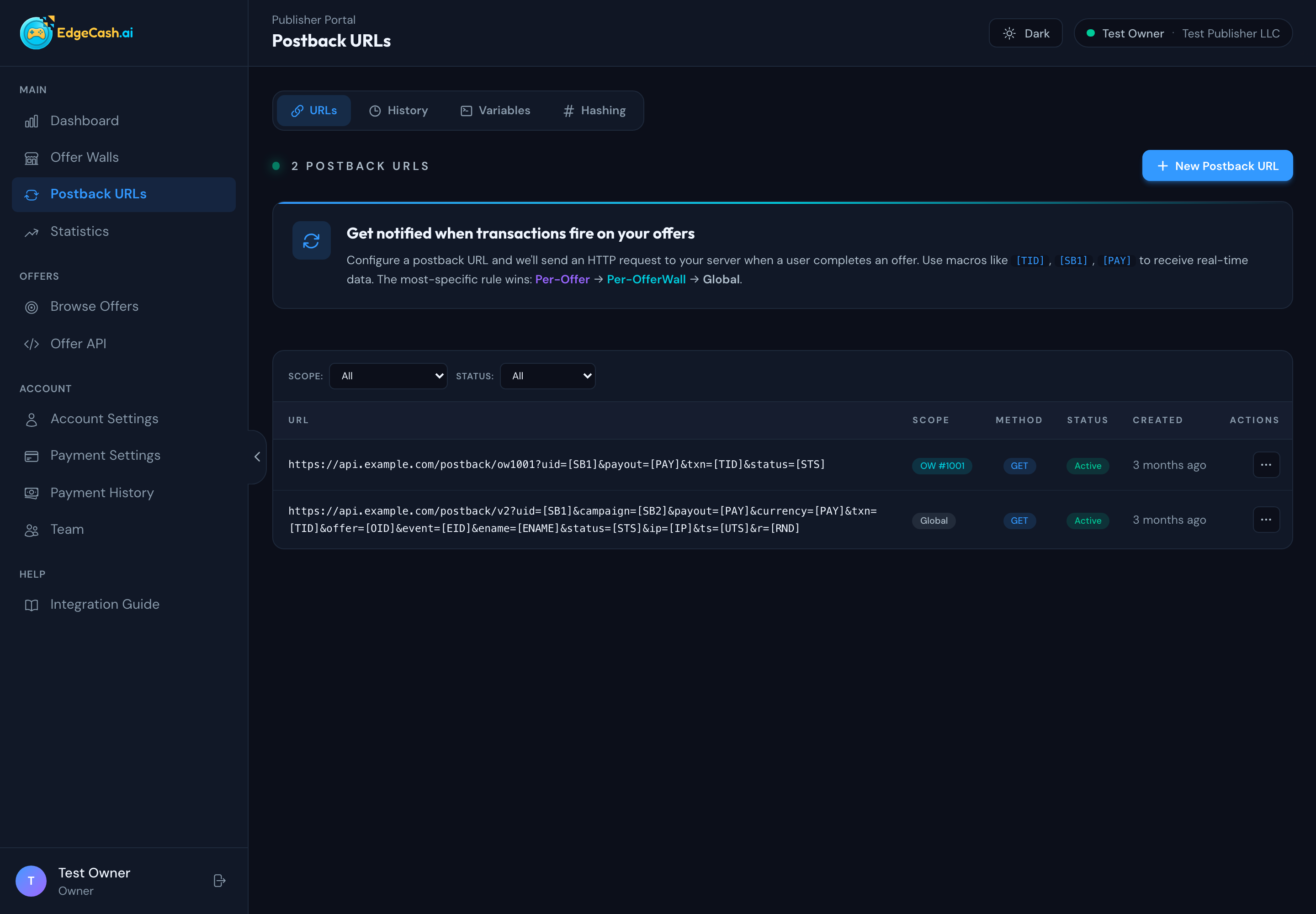 Publisher portal — postback URLs with macros